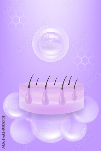 Hyaluronic acid and Niacinamide hair and skin solutions ad, purple collagen serum drops into skin cell with cosmetic advertising background ready to use, illustration vector.
