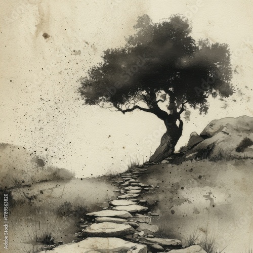 Serene Ink Wash Painting of a Lone Tree Overlooking a Stone Path on a Grassy Hillside