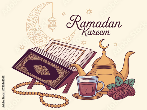 Ramadan kareem greeting card illustration featuring an open holy quran book on a prayer stand, traditional teapot, dates, prayer beads, and crescent moon symbol