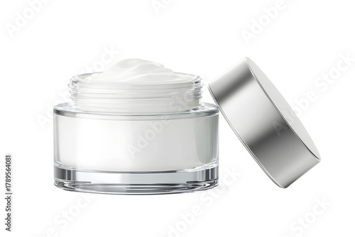 Hygienic white color paint face cream in jar glass clear with lib silver side. isolated on cut out PNG or transparent background. Makeup cosmetics for women. Beauty facial cosmetic product texture.