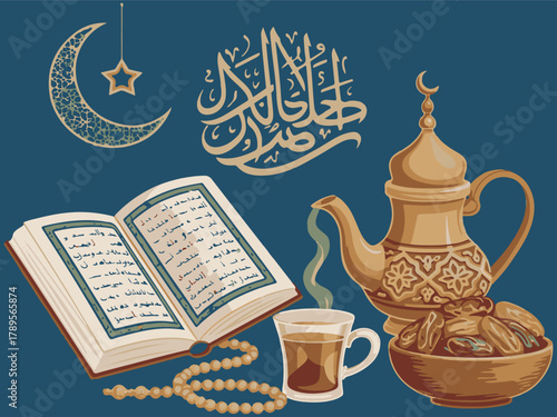 Ramadan kareem greeting card illustration featuring an open holy quran book on a prayer stand, traditional teapot, dates, prayer beads, and crescent moon symbol