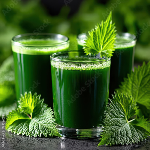 Hyper-realistic animation of three glasses of deep green chlorophyll juice with fresh leaves