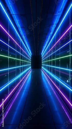 Abstract Tunnel with Glowing Neon Lights Moving Forward
