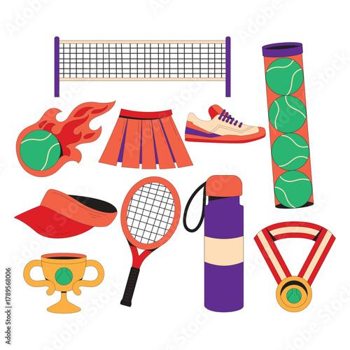 Tennis element collection cartoon icon illustration