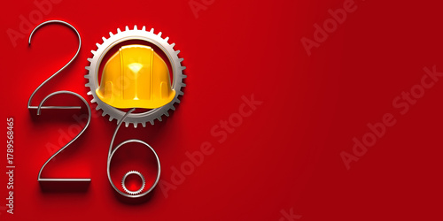 Fototapeta Naklejka Na Ścianę i Meble -  2026 New Year design template with yellow protective helmet. 3D render illustration.