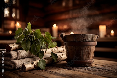 Steaming sauna bucket with birch whisk and towels