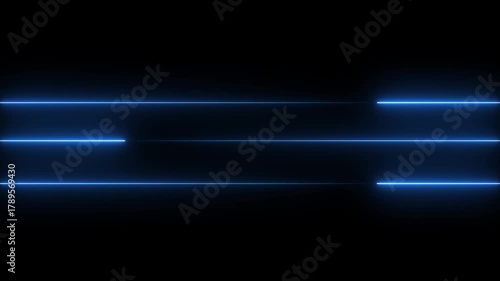 Abstract glowing neon lights blinking lines moving animation.Continuous 3 line drawing, 3 Straight neon lazer line color blue on a black background