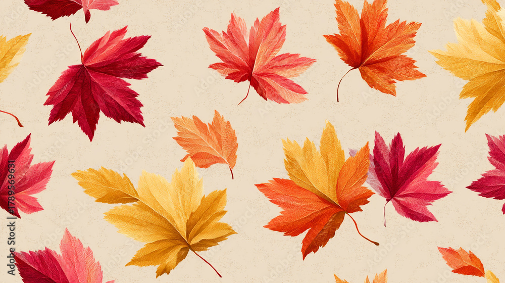 Fototapeta premium A repeating pattern of colorful autumn leaves in shades of red orange and yellow colors