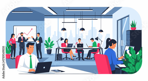 Diverse team of professionals collaborating in a modern, bright office space, working on laptops and discussing projects