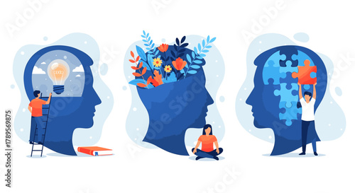 Illustration of human head profiles with concepts of ideas, meditation, and problem solving