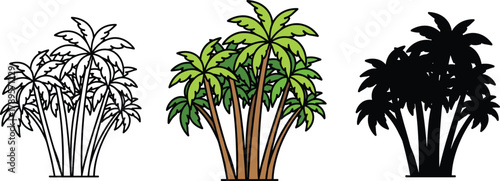 Tropical Palm Trees Cluster Icon Set - Outline, Color, and Silhouette
