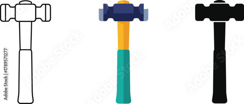 Cross Pein/Sledge Hammer Icon Set - Tool Outline, Color, and Silhouette