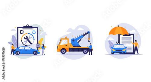 Car service, towing, and insurance concepts with people and icons