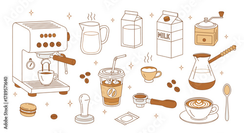 Collection of coffee making equipment and drinks