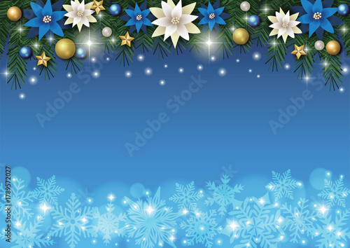 クリスマス背景、雪の結晶、青、ポインセチア、モミの木、かわいい、イラスト、横