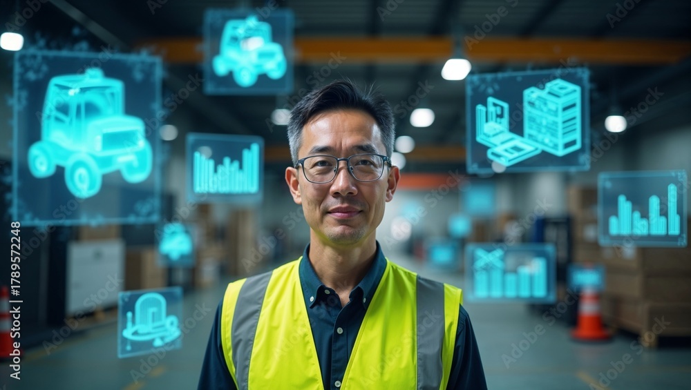 Fototapeta premium Factory supervisor surrounded by glowing holographic production data