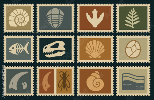 Fossil-Inspired Stamps Featuring Shells, Bones, and Prehistoric Creatures