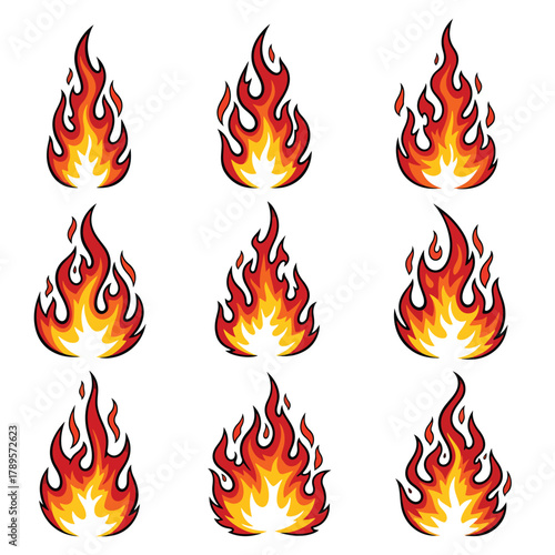 Set of nine cartoon fire icons