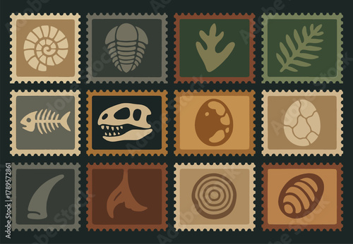Fossil-Inspired Stamps Featuring Shells, Bones, and Prehistoric Creatures