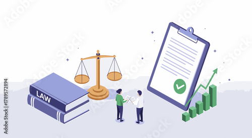 Business agreement and legal concept illustration with law books, scales of justice, and agreement document