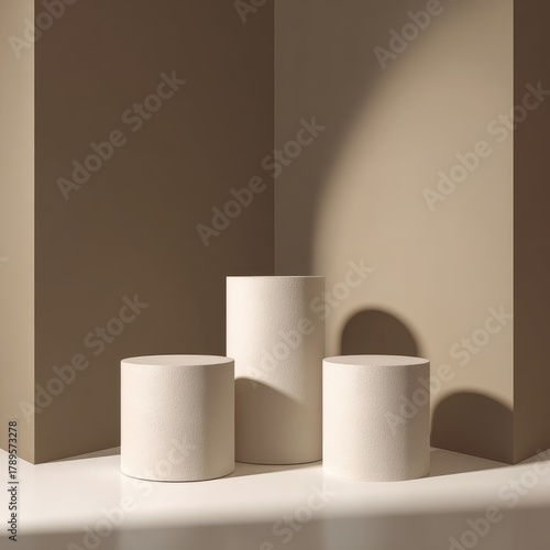 Three off-white cylindrical display stands of varying heights sit on a white surface in a corner formed by two muted brown walls. Sunlight streams in, casting shadows