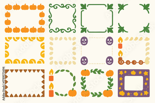 Fall and Halloween Decorative Frames Set with Pumpkins, Candles, and Autumn Elements