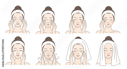 Stepbystep illustration of a woman cleansing her face