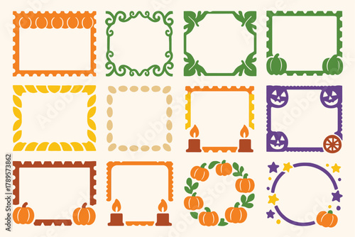 Fall and Halloween Decorative Frames Set with Pumpkins, Candles, and Autumn Elements