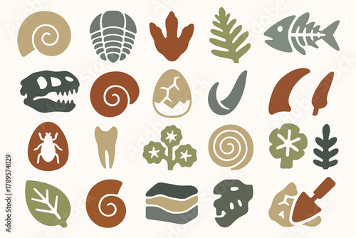 Nature and Fossil Icons Collection with Leaves, Shells, and Bones