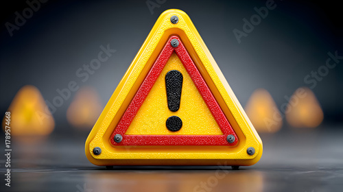Warning Sign Yellow and Red with Exclamation Point on Dark Background