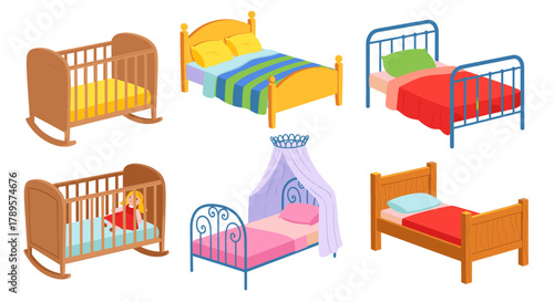 Collection of six different beds for children, including cribs, toddler beds, and a canopy bed