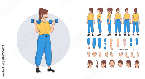 Young woman exercising with dumbbells, character design kit with various poses, faces, and hands