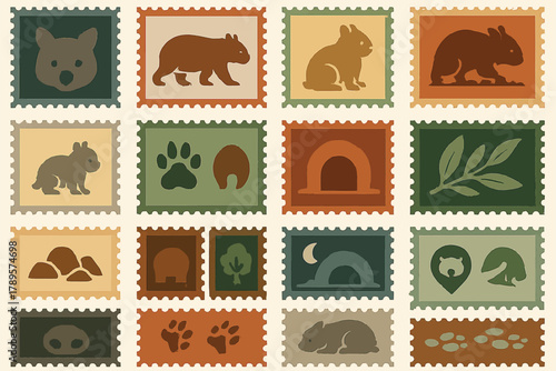 Wombat Icons and Postage Stamp Designs with Pawprints and Burrows
