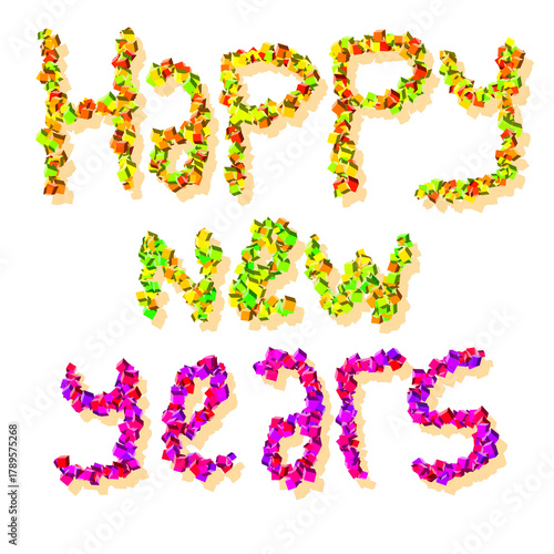 Happy New Year text made of colorful flower petals on white background for celebration and greeting