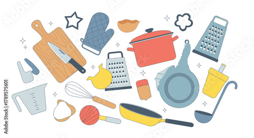 A collection of kitchen utensils and cooking equipment scattered on a