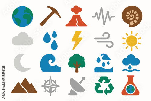 Earth Science Icons Set Featuring Geoscience, Weather, and Environmental Symbols