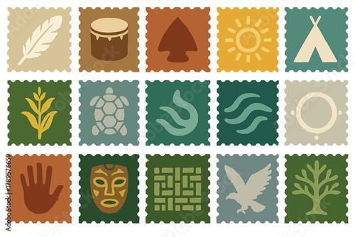 Indigenous Peoples Symbol Stamps Vector Set