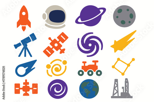 Space Exploration Icons Collection with Rockets, Planets, and Satellites