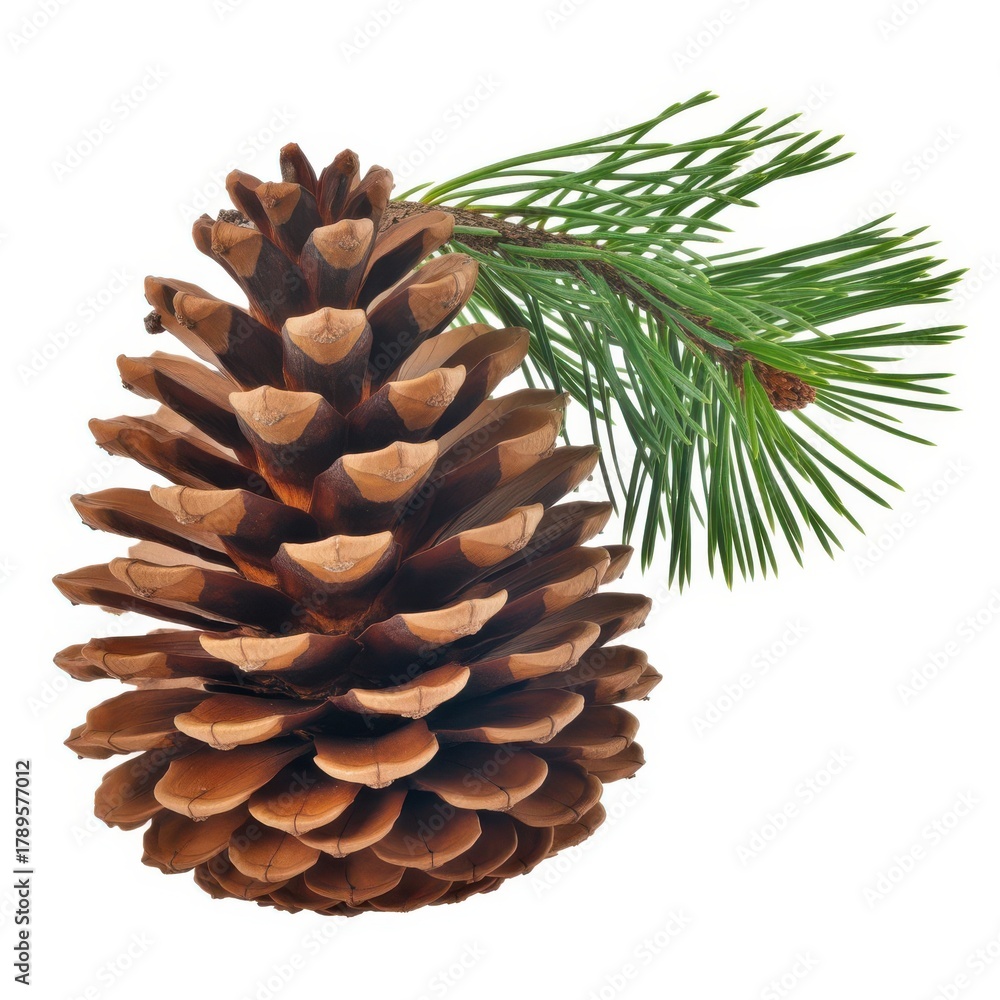 Fototapeta premium Pine cone with green pine needles on a white background