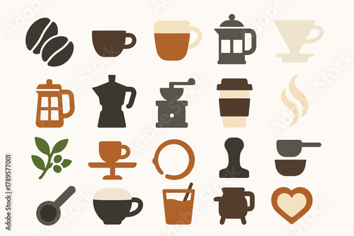 Coffee Icons Set with Brewing Equipment, Cups, and Beans