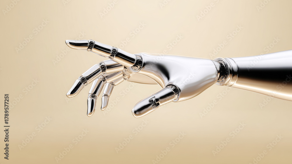 Naklejka premium Metallic robotic hand reaching out, showcasing intricate joints and polished surface, against a soft gradient background, symbolizing advanced technology and innovation