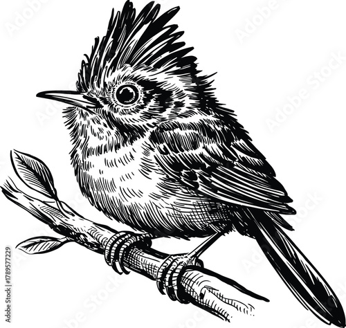 Detailed Tufted Titmouse Vector Illustration Perched on Branch Plump Body and Distinctive Crest Bird of Forest and Natural Habitat Isolated on Transparent Background