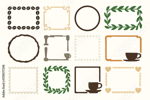 Coffee-Themed Decorative Frames with Leaves, Beans, and Cups