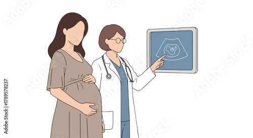 Pregnant Woman and Doctor Viewing Ultrasound Illustration
