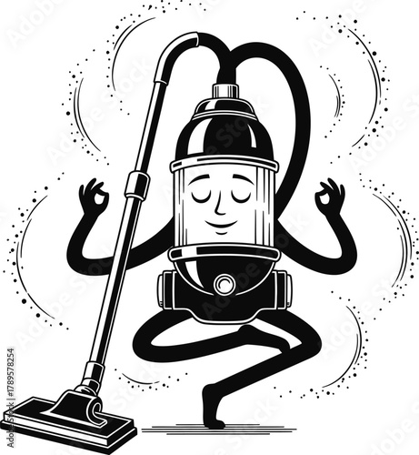Vintage vacuum cleaner in yoga pose, meditating vector illustration, peaceful expression, dust aura, ink style