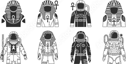 Minimalist ancient astronaut clothing icon set, flat 2D vector, Egyptian sci-fi hybrid suit fusion design