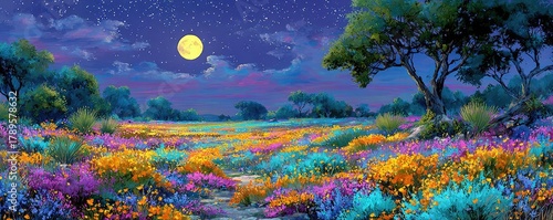 Full moon shining on wildflower field at night concept. Vibrant flowers under a starry night sky with a bright moon.