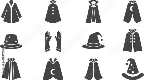 Minimalist magician wardrobe icon set, flat 2D vector robes, capes, hats, gloves, geometric elegant design