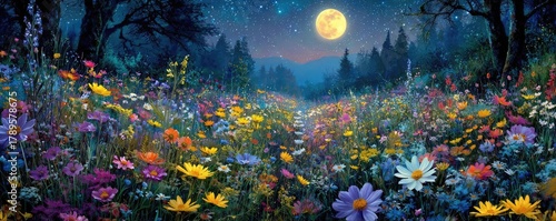 Full moon shining on wildflower field at night concept. A vibrant night scene with colorful flowers under a glowing moon.