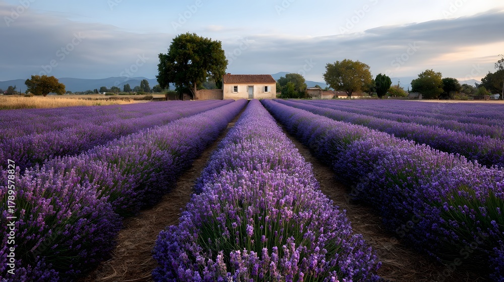 Obraz premium A picturesque lavender field with neat rows and a small farmhouse under a dusky sky